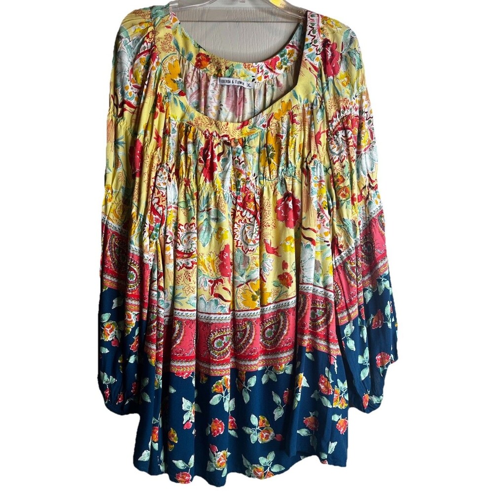 Figuerda & Flower Multicolored Flower Paisley Print XL Balloon Sleeve Square Nec